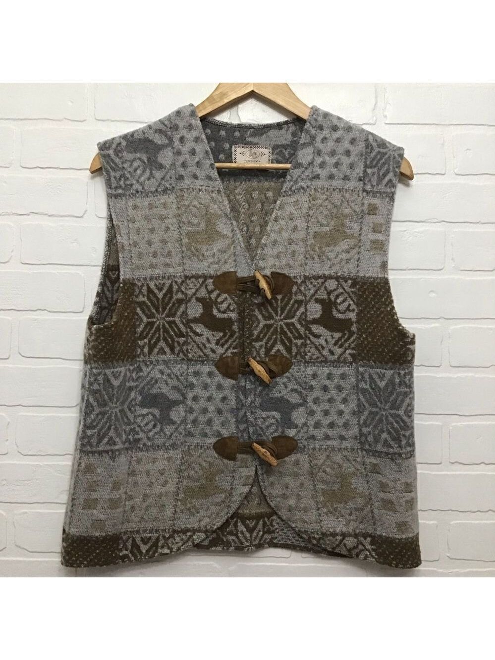 Vintage Wool Blend Fair Isle Southwestern Toggle Vest Cabin Core Boho Size S tan